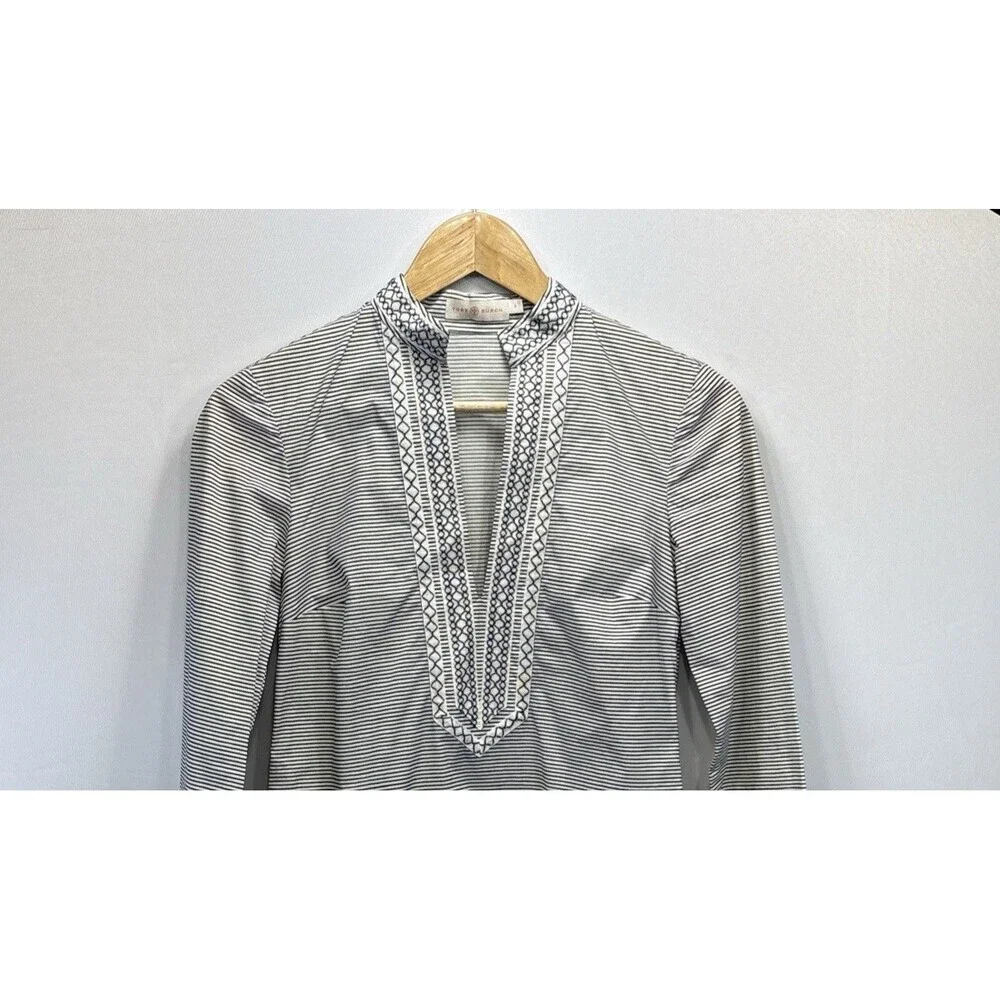 Tory Burch Stripe Embroidered Tunic Top Sz 0 Navy White Boho Stretch Cotton